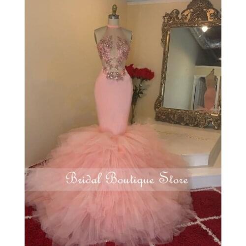 Pink Mermaid Prom Dress African Black Girl Sexy Beaded Appliques See Through Top Beaded Long Prom Dresses 2021