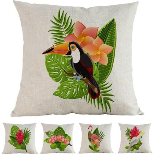 Nordic Tropical Green Plant Leaves Birds Toucan Parrots Flamingos And Flowers Pillow Case Home Sofa Decoration Cushion Cover