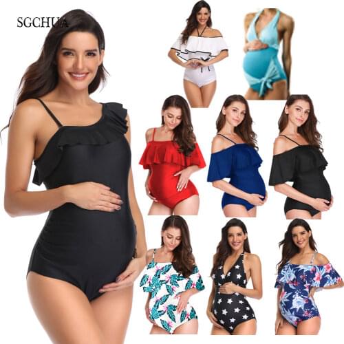 SGCHUA New Ruffle Flounced One Piece Swimsuit Pregnant Woman Plus Size 5XL Solid Red Black Maternity Swimwear Beach Bathing Suit