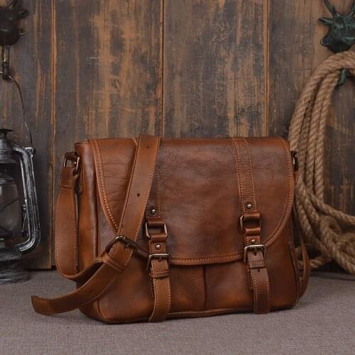 Handmade Vegetable Tanned Leather Messenger Bag Mens Crossbody Bag Satchel Bag 9042