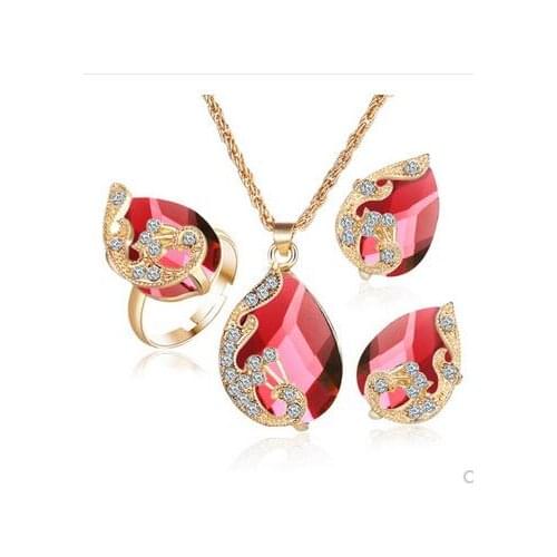 Three pieces of Ruperts tear red crystal Jewellery suit Pendant necklace earring ring set Good Luster wholesale -jewelry