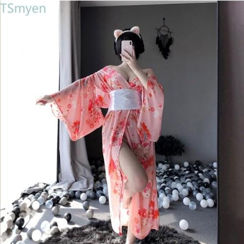 Japanese Sexy Pink Kimono with White Bow-Knot Waistband and Thong Kawai Maid Cosplay Costumes For Woman AV Outfit Erotic Pajamas