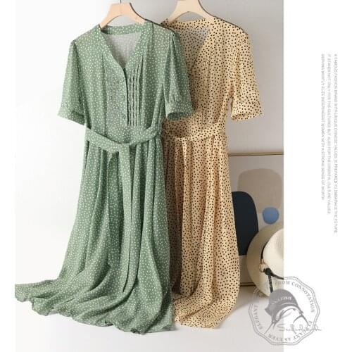 French Elegant Temperament Shuiyu Wave dot Shows Thin V-neck Short Sleeve Mulberry silk dress lady Long Skirt Summer Women Wear