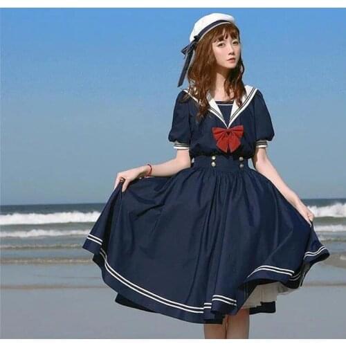 Summer New Japanese Sailor Uniform Cute Lolita Dress Short Sleeve Sweet Doll Collar Dresses Female College Style Long Skirt