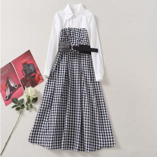 Ladies Plaid Office 2021 Spring Summer Womens Patchwork With Belt High Quality Long Elegant Cotton Dress