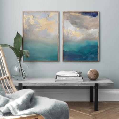Abstract Modern Dreamy Color Wall Art Paper And Canvas Painting Golden Cyan Art Poster Print Wall Picture for Living Room Decor
