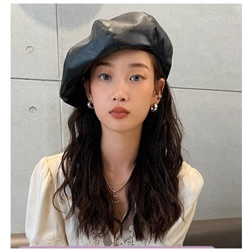 3 Colors Big Size PU Leather Berets High Quality Pure Color Plain Female Hats Casual Personality Elegant Women Hat Gorros