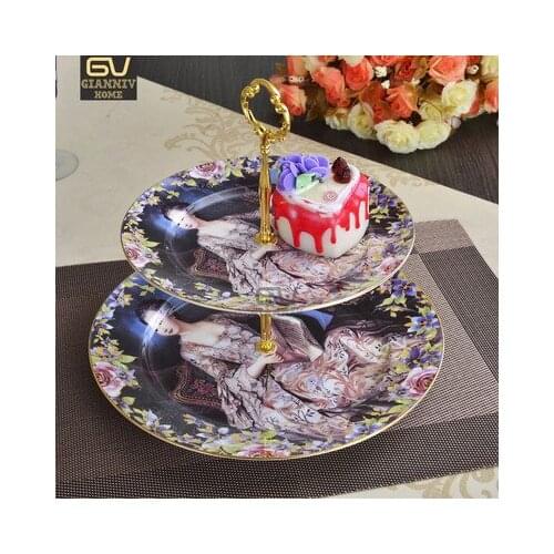 European Mrs Ponpa Double Decker Plates Bone China Cake Fruit Snack Plate Afternoon Tea Ceramic Tray Porcelain Tableware