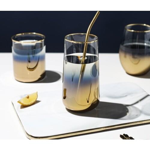 Creativity Golden Blue Plating Cup Crystal Glass Cups European Luxury Gold Rim Glasses Coffee Milk Tea Mug Home Bar Drinkware