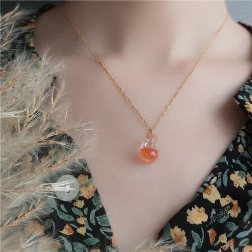 Genuine 925 Sterling Silver Planted 14K Gold ClaviclChain Pendant Necklace for Women Silver Jewelry Natural Red Agate Cornucopia