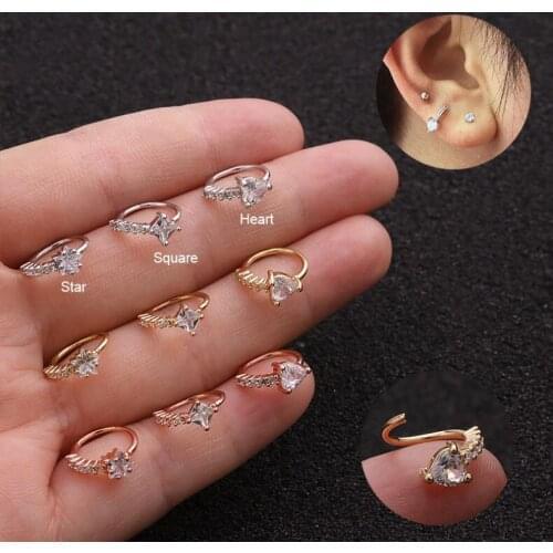 New styles 1PC 8mm Cz Star Square Heart Hoop Cartilage Helix Tragus Rook Earring Nose Hoop Ear And Nose Piercing Jewelry