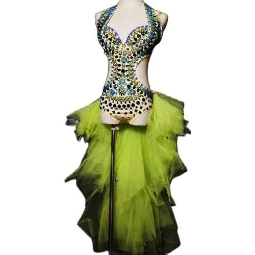 Sparkling Rhinestones Bodysuit Women Mesh Gauze Trailing Backless Suits Ladies Nightclub Performance Dance Costume Stage Wear