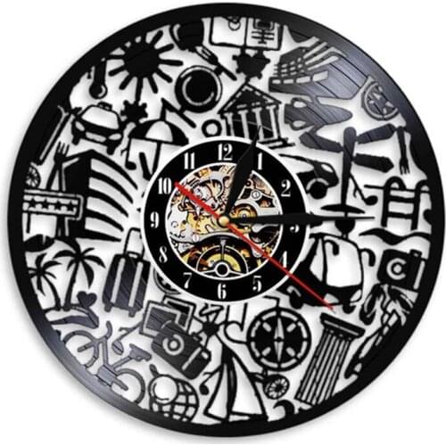Tourism Travel Vinyl Record Wall Clock Travel Theme Vintage Black Hanging Wall Clock Personalized Vinyl Record Light Reloj Pared
