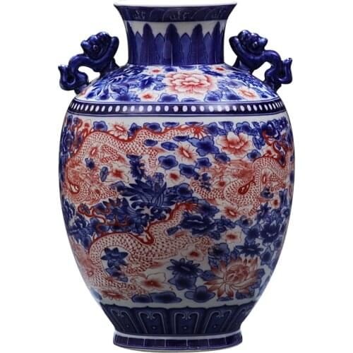 Chinese Style Jingdezhen Blue And White Dragon Vase Ceramic Red Porcelain Kaolin Flower Vase Home Decor Handmade Vases