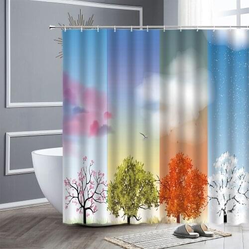 Waterproof Landscape Shower Curtain Spring Summer Autumn Winter Seasons Colorful Scenery Fabric Hooks Bathroom Decor Curtains