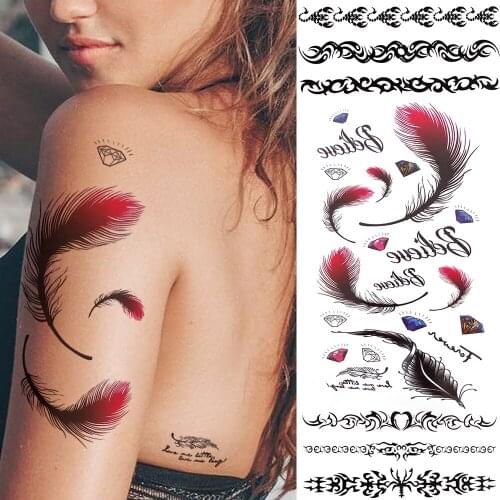 Watercolor Feather Temporary Tattoos For Women Kids Realistic Inspired Quotes Diamond Fake Tattoo Sticker Back Arm Face Tatoo