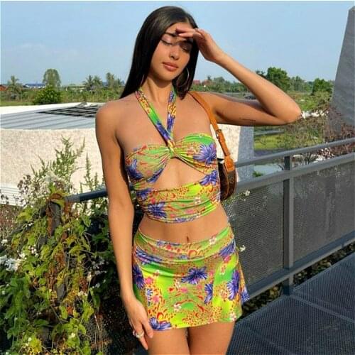 Two Piece Set Women 2021 Summer Bohemian Skirt Set Sleeveless Halter Bandage Crop Tops + Ruffle Mini Skirts Sexy Club 2Pcs Sets