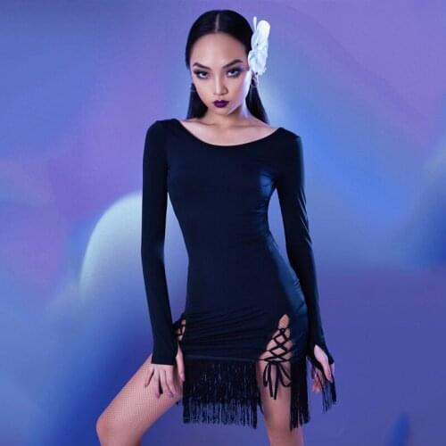 Sexy Latin Dance Competition Dresses Women Black Long Sleeve Practice Fringed Dress Ballroom Samba Tango Latin Dance Dress