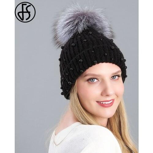 FS Winter Women Beanie With Pom Pom Raccoon Fur Knitted Hat Keep Warm High Quality Rabbit Ski Cap With Pearl Skullies Beanies