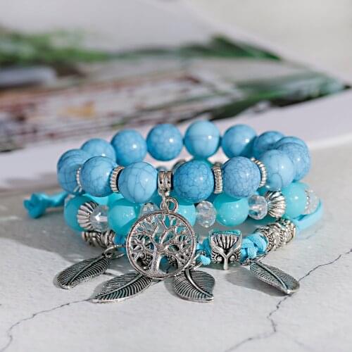 3pcs/Set Leaves Heart Alloy Pendant Beads Pulseras Mujer Boho Bracelet for Women Gift Natural Stone Wristband Bangles