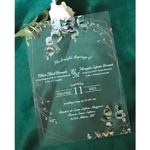 Quinceanera Acrylic Invitations,Custom 10pcs Acrylic Menu Cards,Green leaf Acrylic Invitations,White Ink Acrylic Wedding Invite