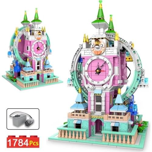 City Street View Electric Ferris Wheel Clock Park Building Blocks Architecture Creator Friends Time Bell Bricks Toys For Girls