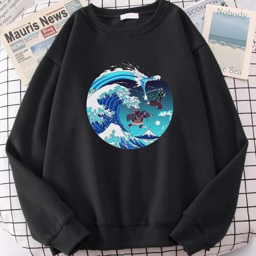 Demon Slayer japan anime Breath Of The Great Wave Autumn Winter New Unisex Sweatshirt Hoodies Men Fashion Pullover Black Hoodies