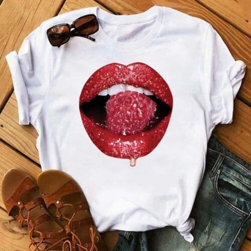 FIXSYS Women Red Lips Printed Girl White Tshirt Summer Cartoon Graphic Tee Shirt Femme Vogue Harajuku Short Sleeves T Shirt