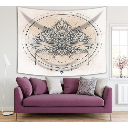 Tapestry Ornamental Lotus Flower Ethnic Mystic Art Paisley Pattern Dark Navy Blue and White Illustration