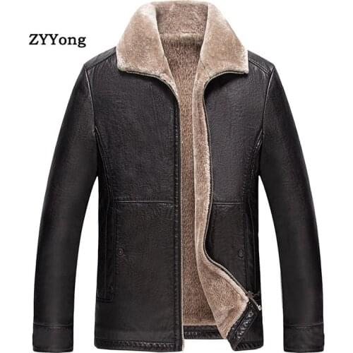 Faux Cashmere Black Leather Jacket Men Coats PU Outerwear Fleece Faux Sheepskin Fur Slim Winter New Business Leisure Clothing