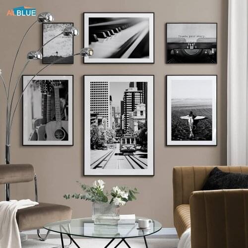 Poster Guitar Piano Surf Hobby Black And White Canvas Print Decorative Picture Home Decor Nordic Wall Art Paintings for Interior