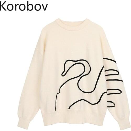 Korobov Harajuku Streetwear O Neck Long Sleeve Sweater Korean Cartoon Embroidery Pullovers Preppy Style High Street Sueter Mujer