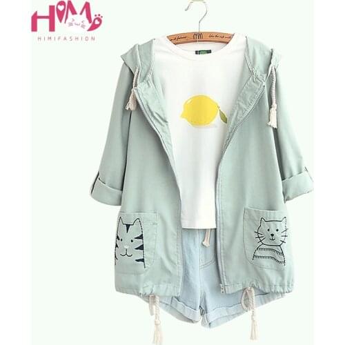 2020 New Fashion Japanese Kawaii Cat Embroidery Pocket Jackets Cute Mori Girl Students Long Sleeve Drawstring Hem Hooded Coat