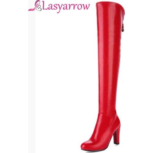 Lasyarrow Thick High Heels Round Toe Zipper Botas Femininas Fashion Over the Knee Boots String Bead Thigh High Long Boots Woman