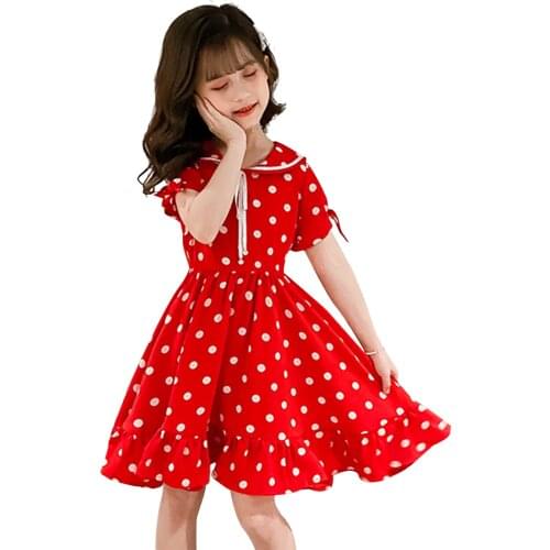 Girls Summer Dresses With Ribbons Children Party Dresses Dot Pattern Childrens Clothing 6 8 10 12 14