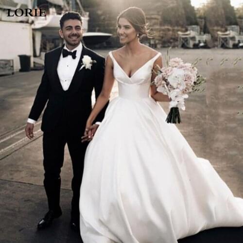 LORIE Satin A Line Simple Wedding Dresses Sexy V Neck Bridal Gowns Long Train White Ivory Wedding Ball Gown 2021