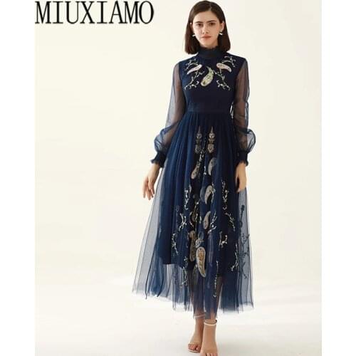 MIUXIMAO Runway 2021 Spring Summer Women Vintage Elegant Flower Embroidery Fashion Casoul Slim Long Dress Vestidos