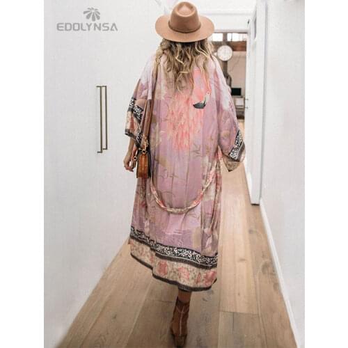 100% Cotton Bikini Cover-ups Pink Boho Print Self Belted Front Open Long Kimono Dress Beach Tunic Women Swim Suit Cover Up Q996
