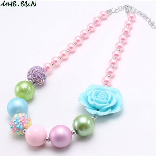 MHS.SUN Cute Design Child Girls Beads Necklace Pink Flower Chunky Bubblegum Necklace Kids Baby Party Jewelry For Gift New Style