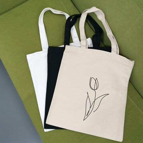 Harajuku Apricot Packages Foldable Line Art Flowers Shopping Bags Vintage Reusable Cloth Canvas Totes Handbag Shoulder Ulzzang