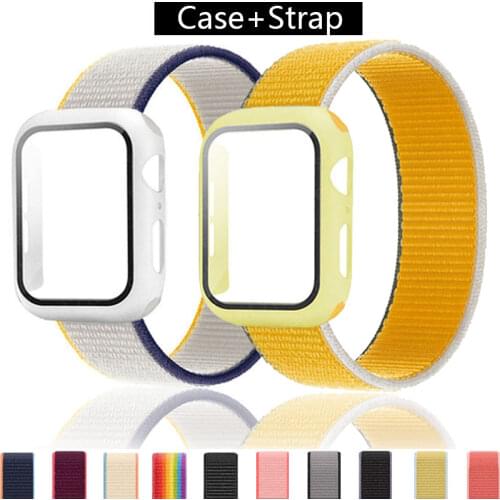 Glass+Case+Strap For Apple Watch band 44mm 40mm 38mm 42mm 44 mm Nylon Loop smartwatch watchband bracelet iWatch 3 4 5 6 se band
