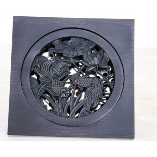 Black Oil Rubbed Bronze Carved Animal Fish Pattern Bathroom Shower Drain 4" Square Floor Drain Waste Grates ahr048
