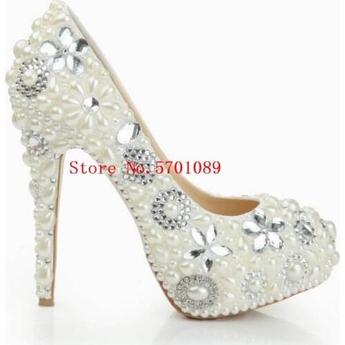 Pearls Wedding Shoes Rhinestone 140mm High Heel Platform Stiletto Heels Crystal Studs Bling Glass Fashion Bride Shoes 35-41