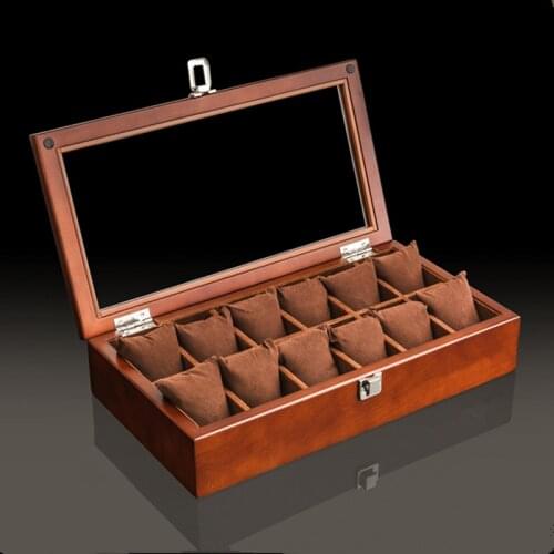 Top 12 Slots Wooden Watch Case Holder New Coffee Mechanical Watch Storage Box With Glass Window Jewelry Display Gift Boxes