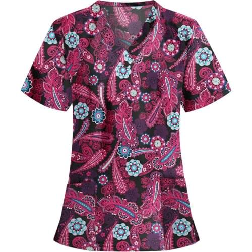 Plus Size Floral Nurse Uniform Scrubs Women Short Sleeve V-neck Tops Working Uniform Nurse Accessories Pocket Women Clothes
