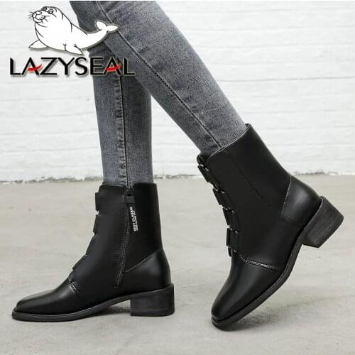 LazySeal 3cm Wood Square Heels Ankle Boots Women Shoes Zip Wood Heel Shoes Woman Winter Warm Womens Boots Big Size 42