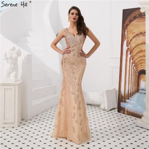 Sexy V-neck Backless Gold Mermaid Evening Dresses Crystal Beaded Formal Gown Robe De Soiree Party Gowns BLA6075