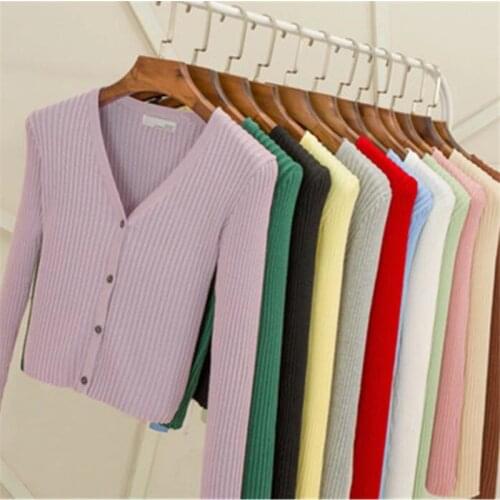 2019 Women Slim V Neck Knitted Cardigan Long Sleeve Cropped Cardigan Sweaters Ladies Solid Women Short Cardigans Candy PZ1540