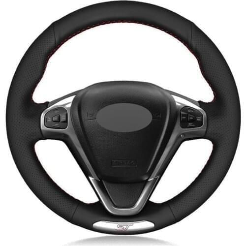 Car Steering Wheel Cover Hand-stitched Black Genuine Leather For Ford Fiesta ST 2013 2014 2015 2016 2017 2018