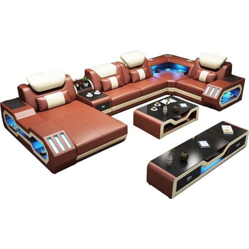 Living room Sofa functional genuine leather couch Nordic modern corner U shape speaker sound system RGB LED light+ bluetooth див